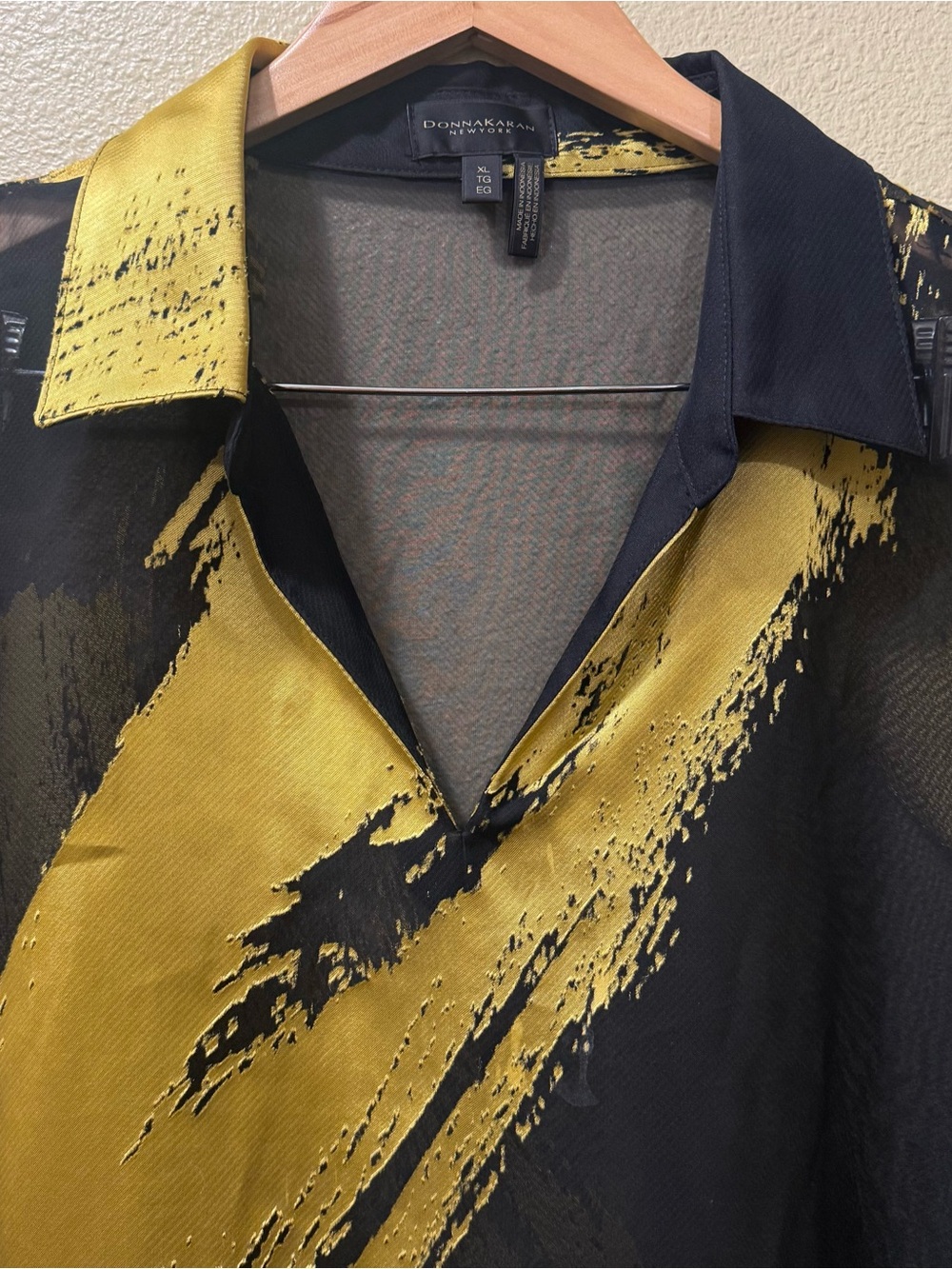 Women’s XL Donna Karan New York Black & Gold Sheer Asymmetric Tunic Blouse - Picture 2 of 15
